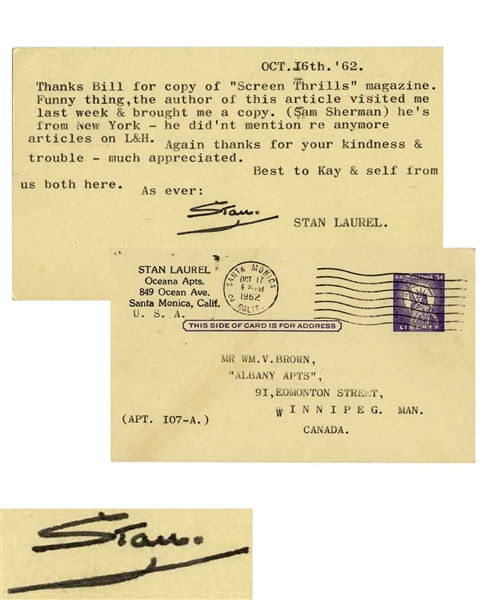 Stan Laurel Postcard Signed -- ''...Thanks Bill for copy of 'Screen Thrills'...''